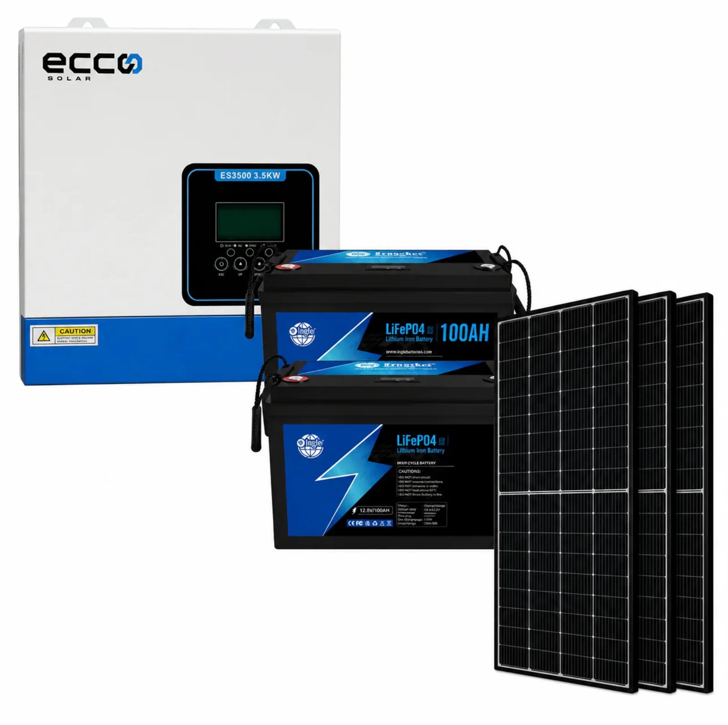 Ecco 3.5 KVA MPPT 100A Ecco 2.56 KwH Lithium 3X 460W Mono Solar Panels Combo KitEcco 3.5 KVA MPPT 100A Ecco 2.56 KwH Lithium 3X 460W Mono Solar Panels Combo Kit