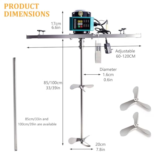 Industrial Electric IBC Tote Mixer 1500W Electric Paint Mixer with 304 Stainless Steel Agitator, Adjustable60-120cm Stand, Smart Controller For265-Gallon Tank(1500W,H85cm/33.4in)